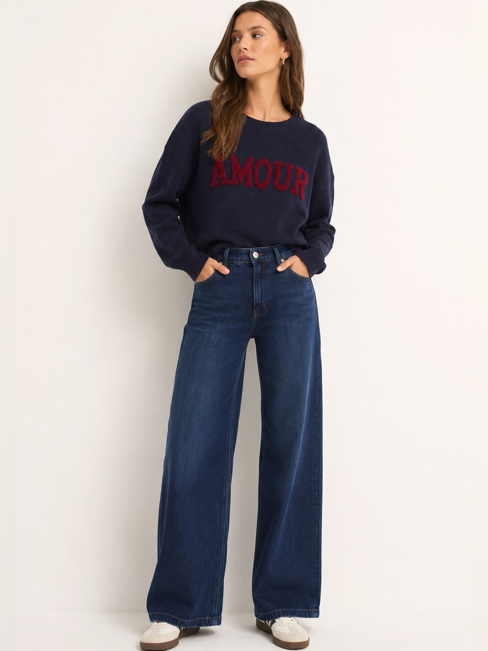 Simons Navy Amour Love Knit Crewneck Sweater